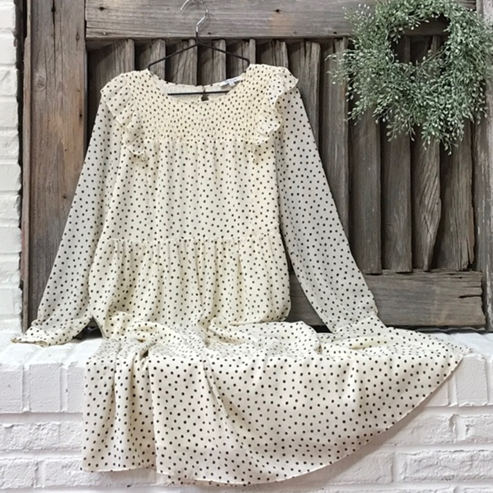 Madewell smocked ruffle-shoulder midi dress in ink brush dots